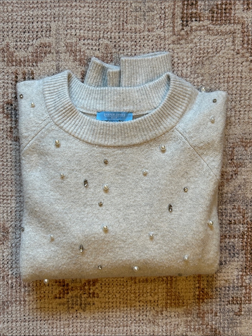Draper James Heathered Light Gray Pearl & Crystal Crewneck Sweater
